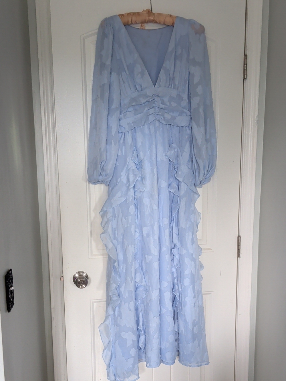Light Blue Long Sleeve V-Neck Ruffle Chiffon Maxi Dress